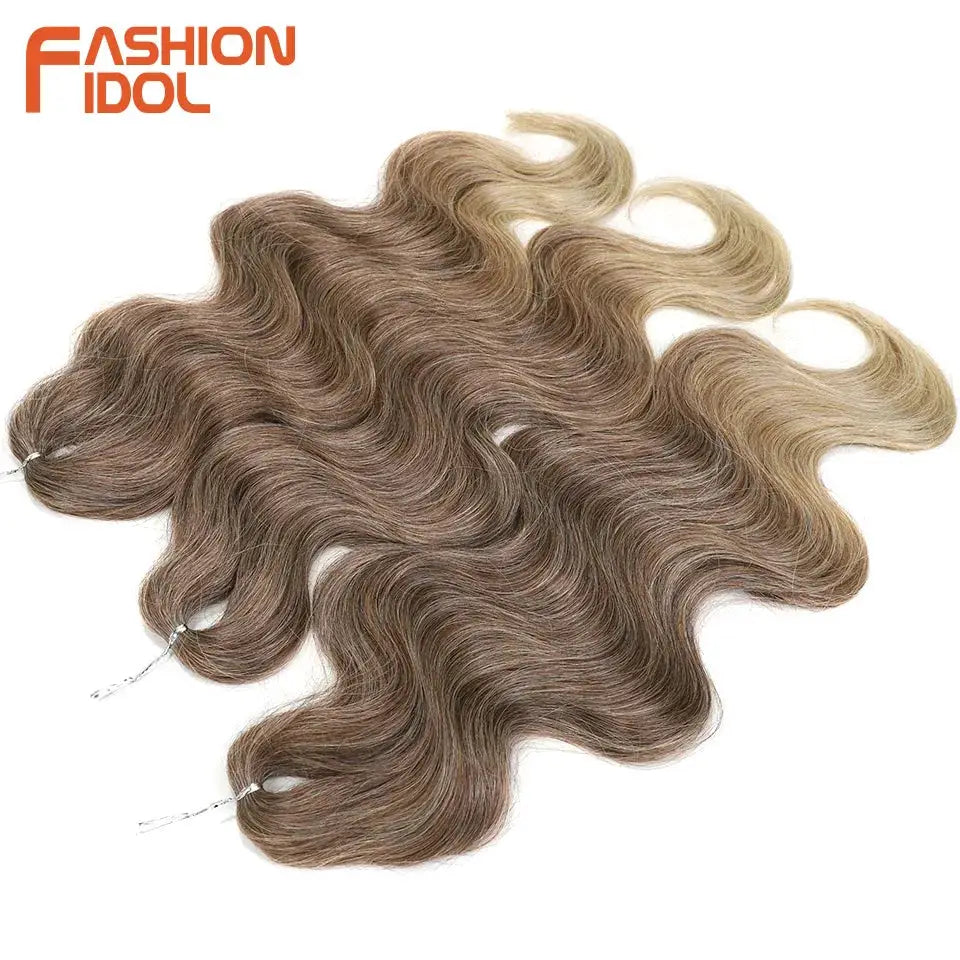 Fashion Idol 24-inch body wave crochet hair extensions, 3pcs, ombre blonde to brown, synthetic braids