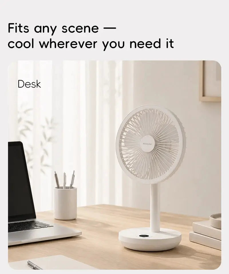 KINSCOTER Smart Oscillating Desk Fan, white plastic on a wooden desk