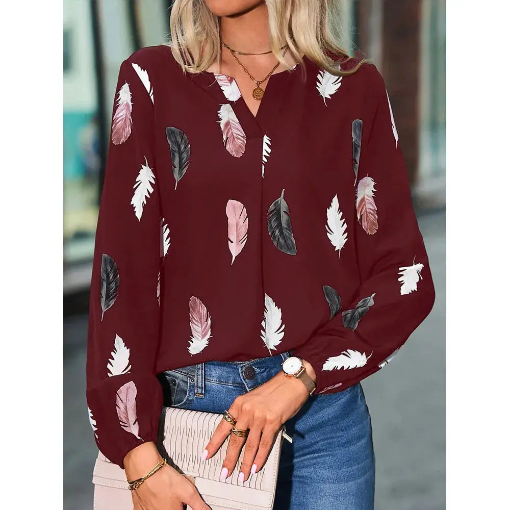 Maroon feather-print chiffon blouse with long sleeves for women by Simples Market