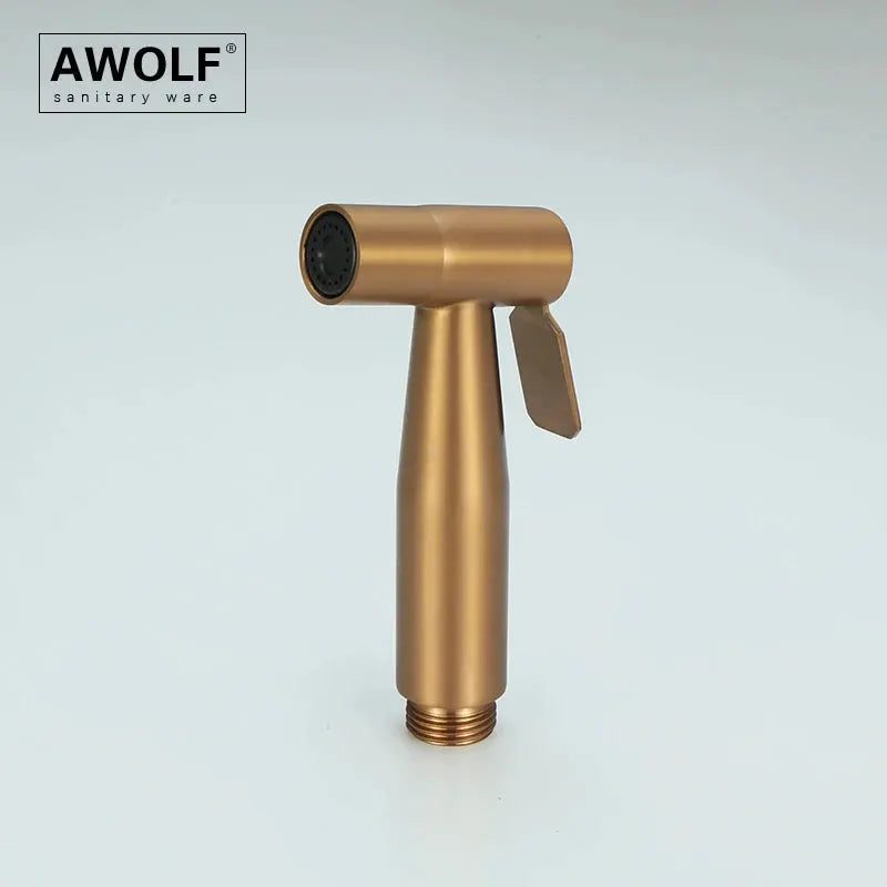 Handheld bidet sprayer head in brushed rose gold stainless steel; AWOLF logo visible