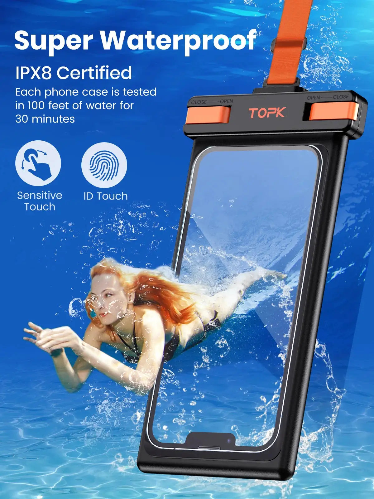 Topk Waterproof Phone Pouch IPX8 Underwater Case With Touchscreen Access For Phones Up To 7 Inches