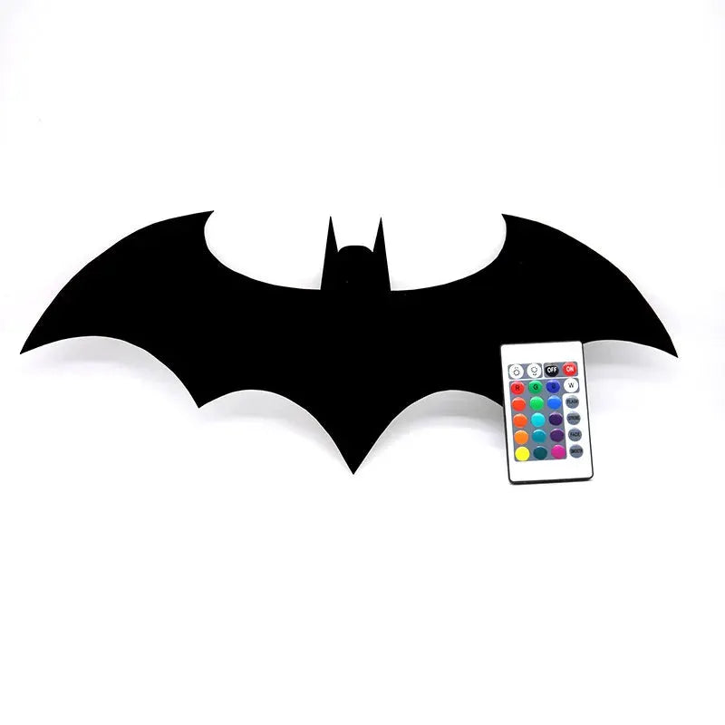 Simples Market bat-shaped wooden LED wall lamp with remote control, color-changing, black finish.