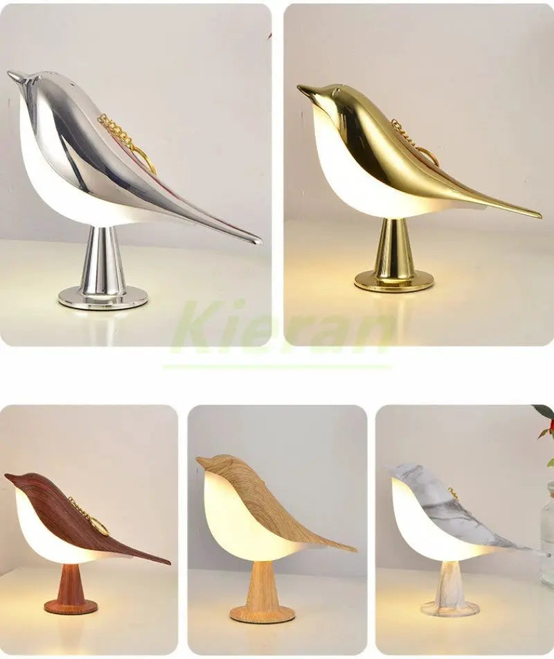 Bird-shaped Magpie LED desk lamp set in five finishes: silver, gold, brown wood, light wood, and marble gray.