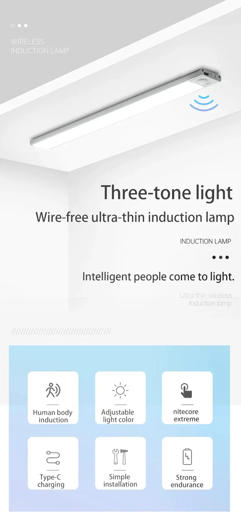 LED motion-sensor under-cabinet light, wireless USB-powered, ultra-thin white induction lamp.