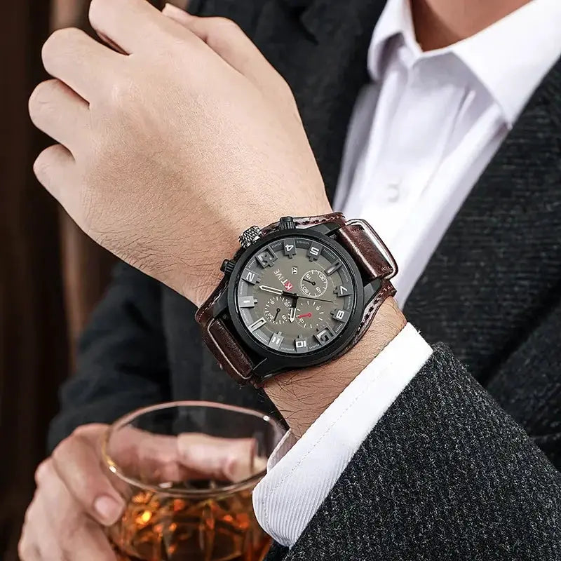 Retro Mens Luxury Quartz Watch With PU Leather Strap Date Big Dial Business Military Tactical Wristwatch