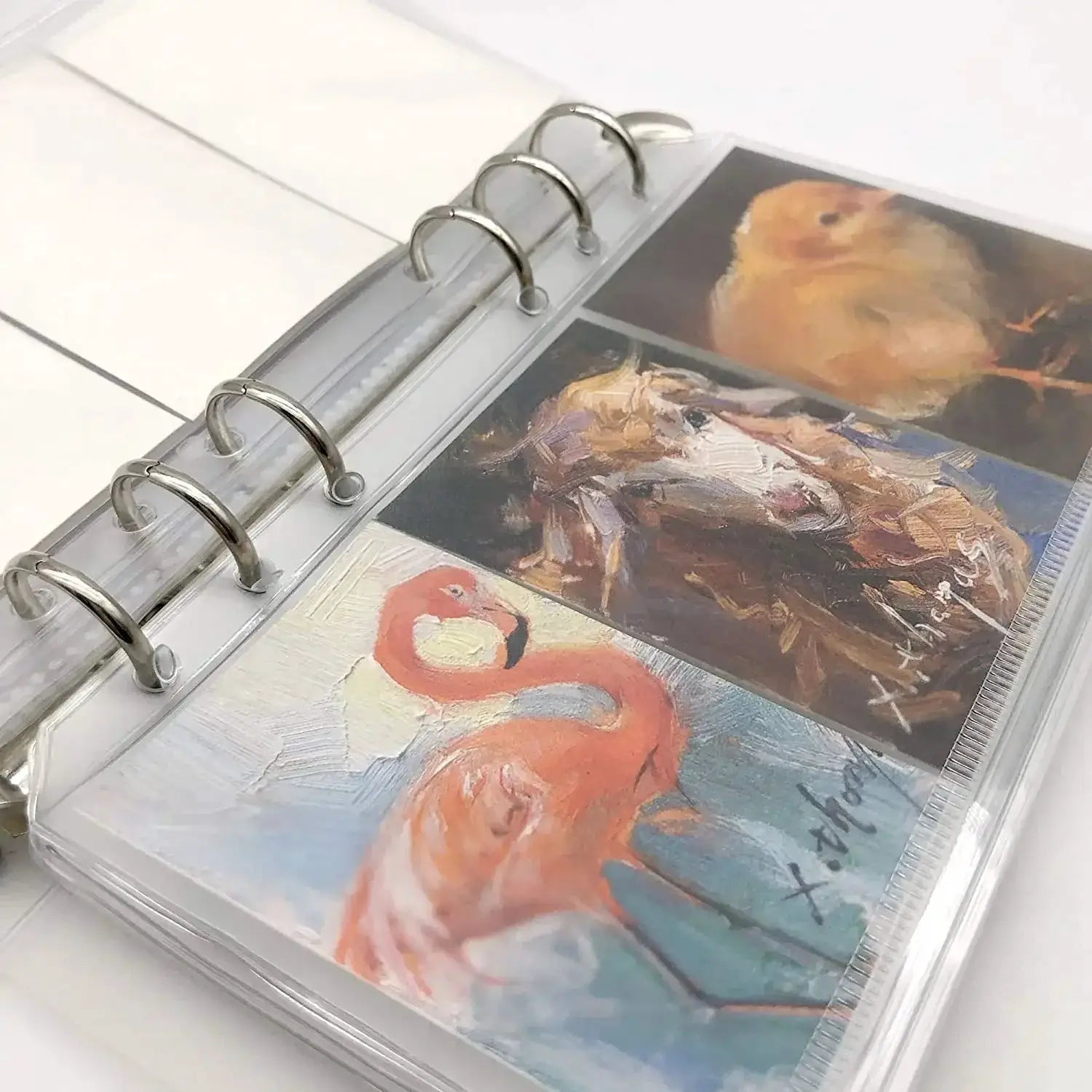 Clear PVC A6 6-hole binder with six metal rings and art prints in sleeves