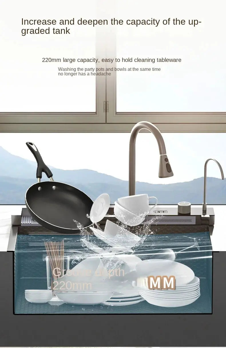 Integrated waterfall kitchen sink by Simples Market in stainless steel with digital display and soap dispenser