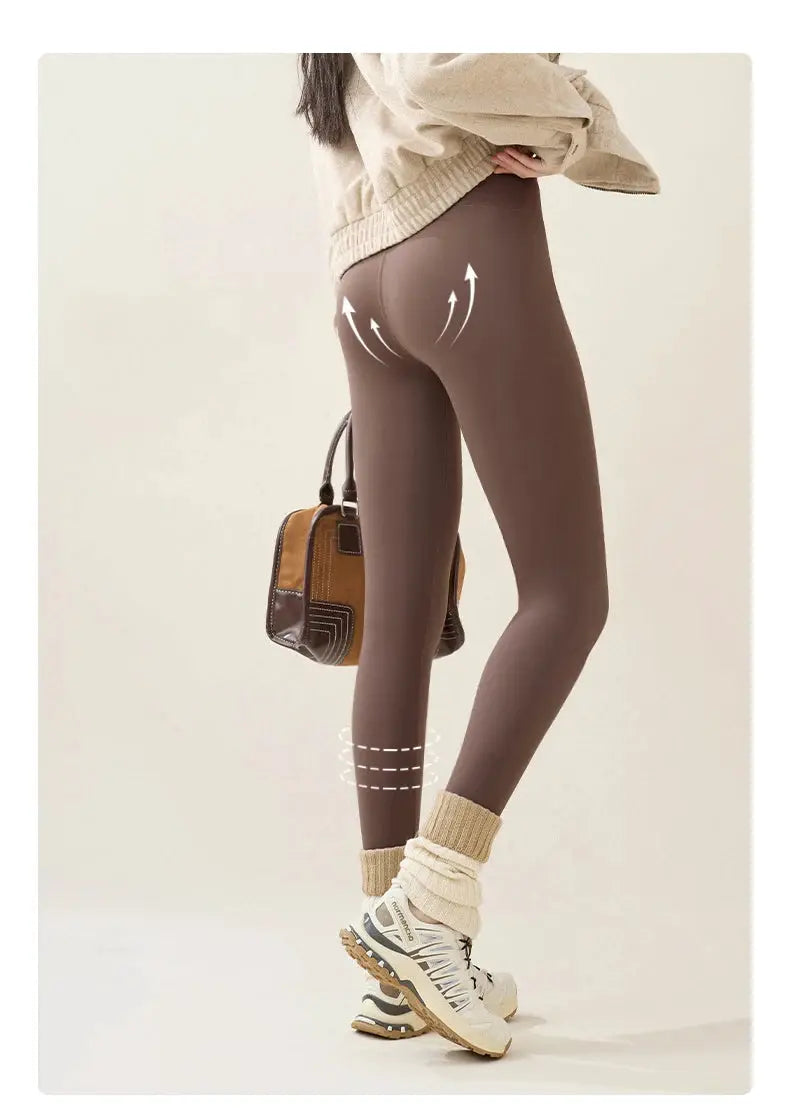 BIVIGAOS fleece-lined brown leggings for women, sharkskin look, warm autumn/winter tights