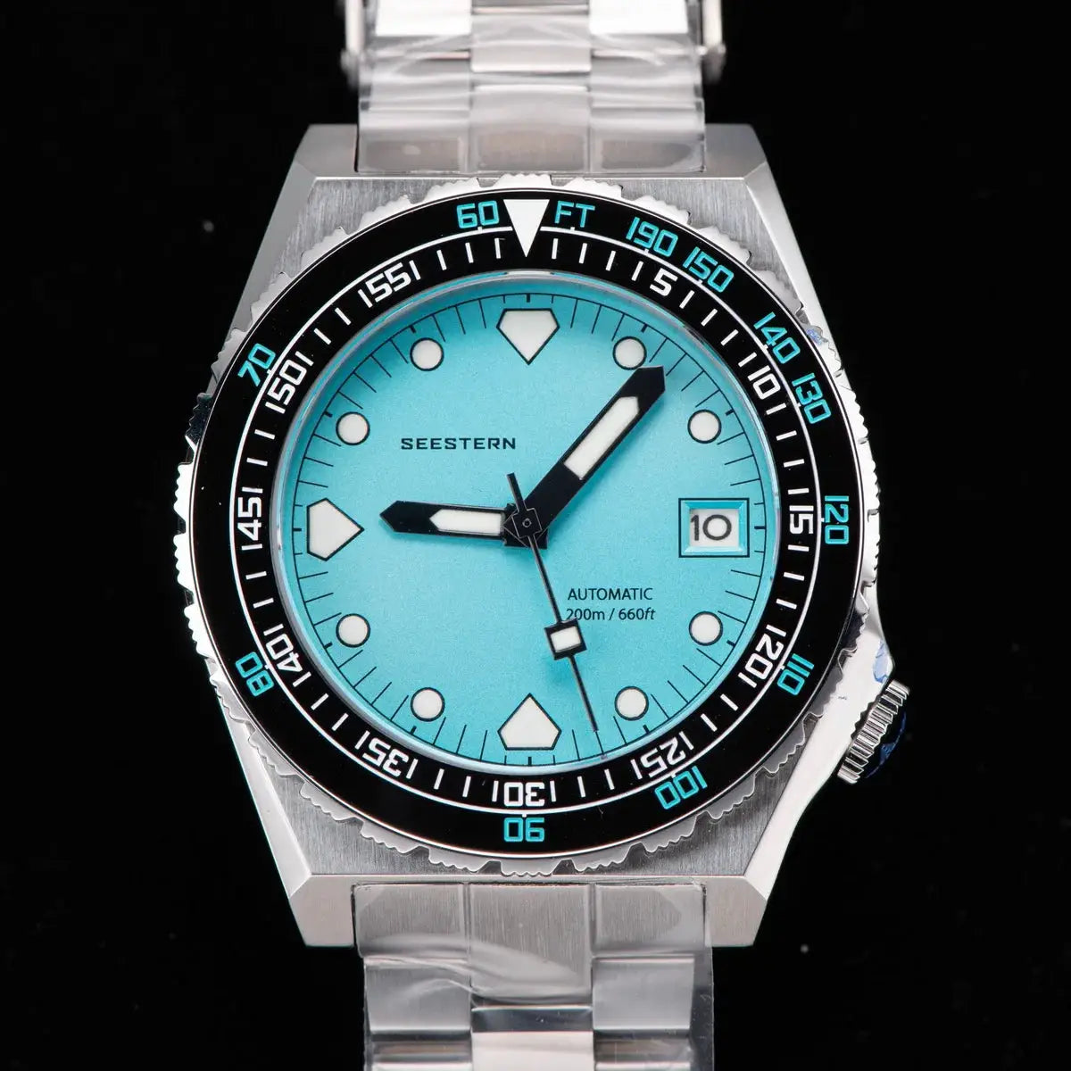 Seestern Sub600T V3 men's diving watch with turquoise dial, ceramic bezel, luminous markers, stainless steel bracelet.