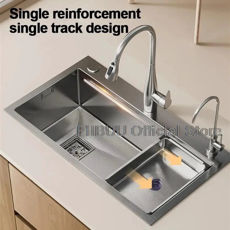 Simples Market 304 stainless steel kitchen sink with large single bowl, undercounter/topmount installation and wear‑resistant faucet.