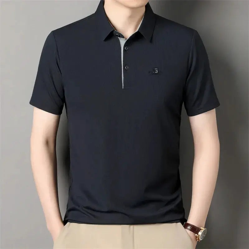Simples Market men's polo shirt, navy solid, short sleeves with small badge logo.