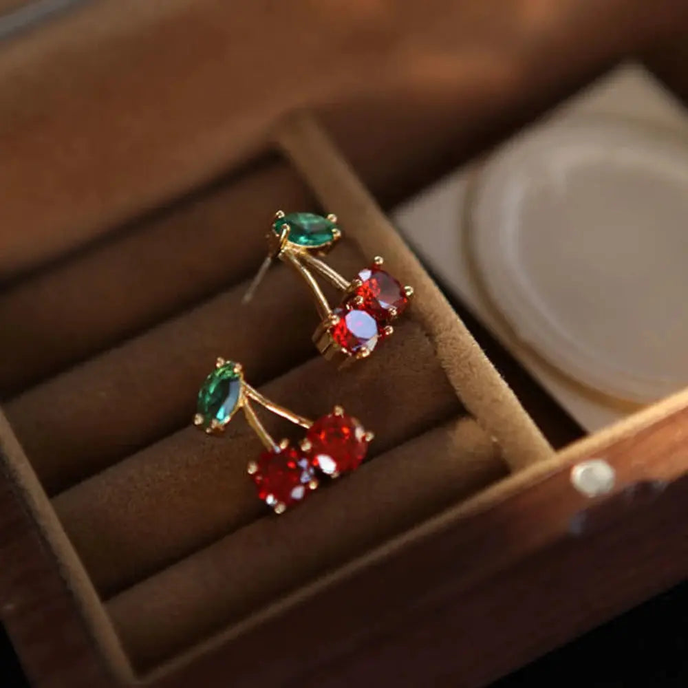 2024 Red Zircon Cherry Leaf Stud Earrings For Women Fashion Jewelry Crystal Accent Party Prom Birthday Wedding Gift