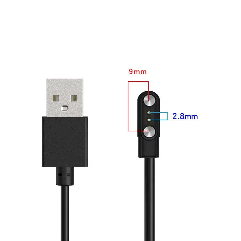 Smartwatch charging cable with 2/4-pin dock, USB-A end, black cord