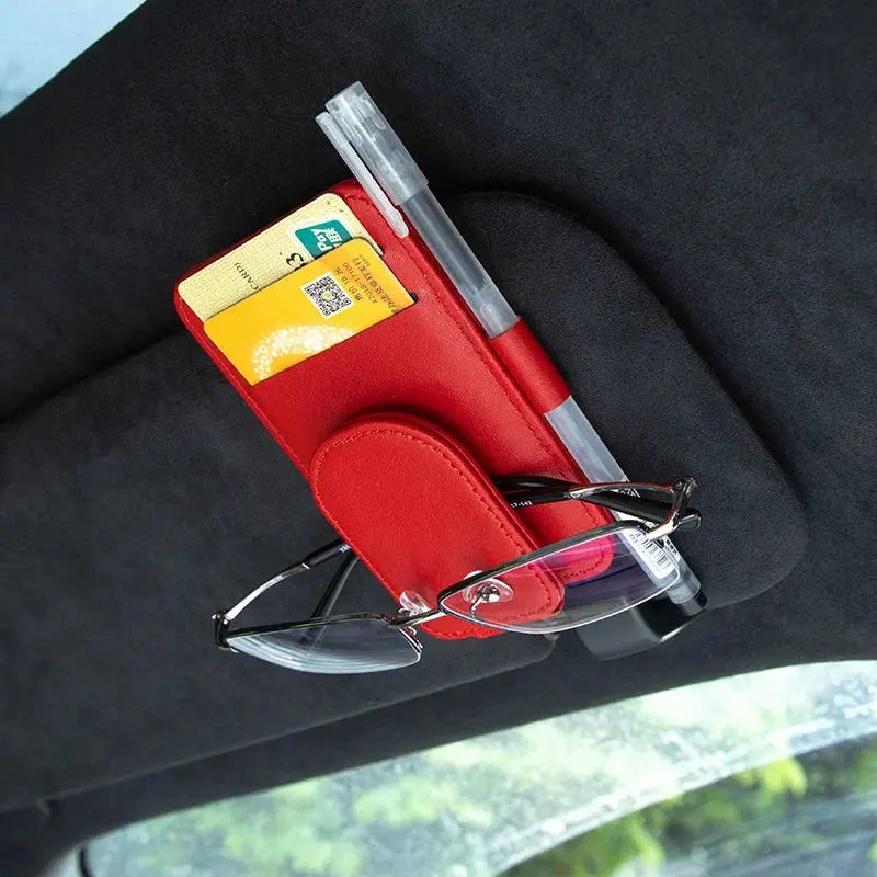 JFBONIN leather car sun visor sunglasses holder with magnetic clip; red, card slots and pen holder