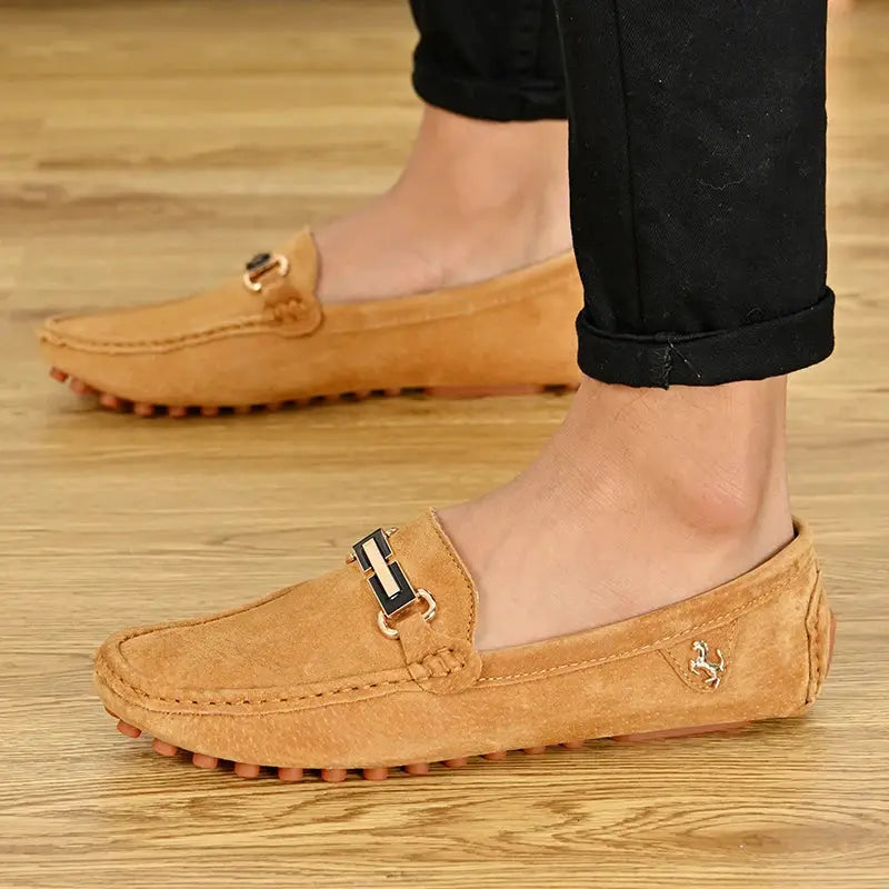 YRZL men's tan suede loafers, slip-on driving moccasins with metal buckle pair