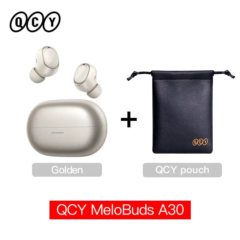 QCY MeloBuds A30 wireless earbuds in golden with charging case and QCY pouch (3-piece set)