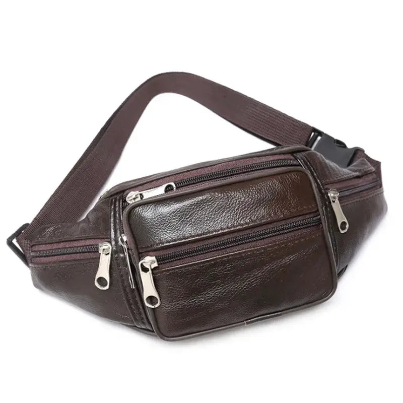 Men's brown PU leather waist pack with multiple zip pockets and adjustable strap.