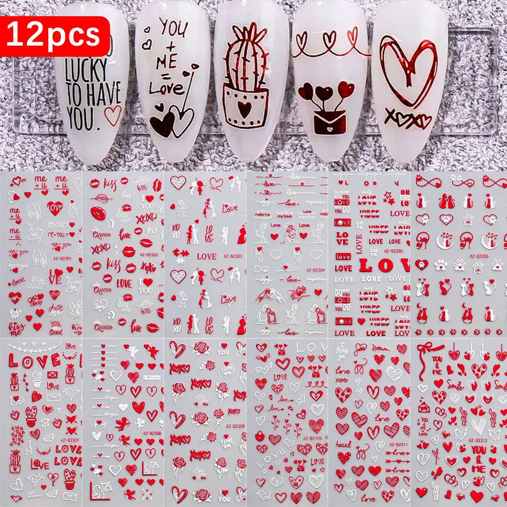 8pc 3D mixed-color heart nail stickers by Simples Market; red and pink self-adhesive decals for manicure