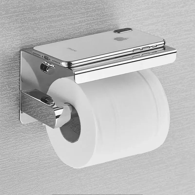 Stainless steel wall-mounted toilet paper holder with built-in phone shelf by Simples Market