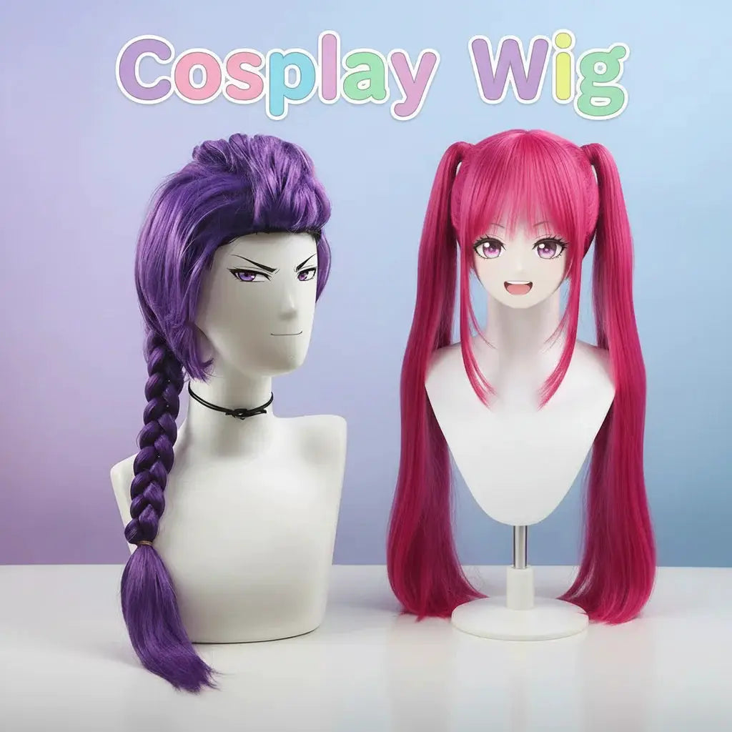 Cosplay wig set: purple braided wig and pink twin-tail wig for kids