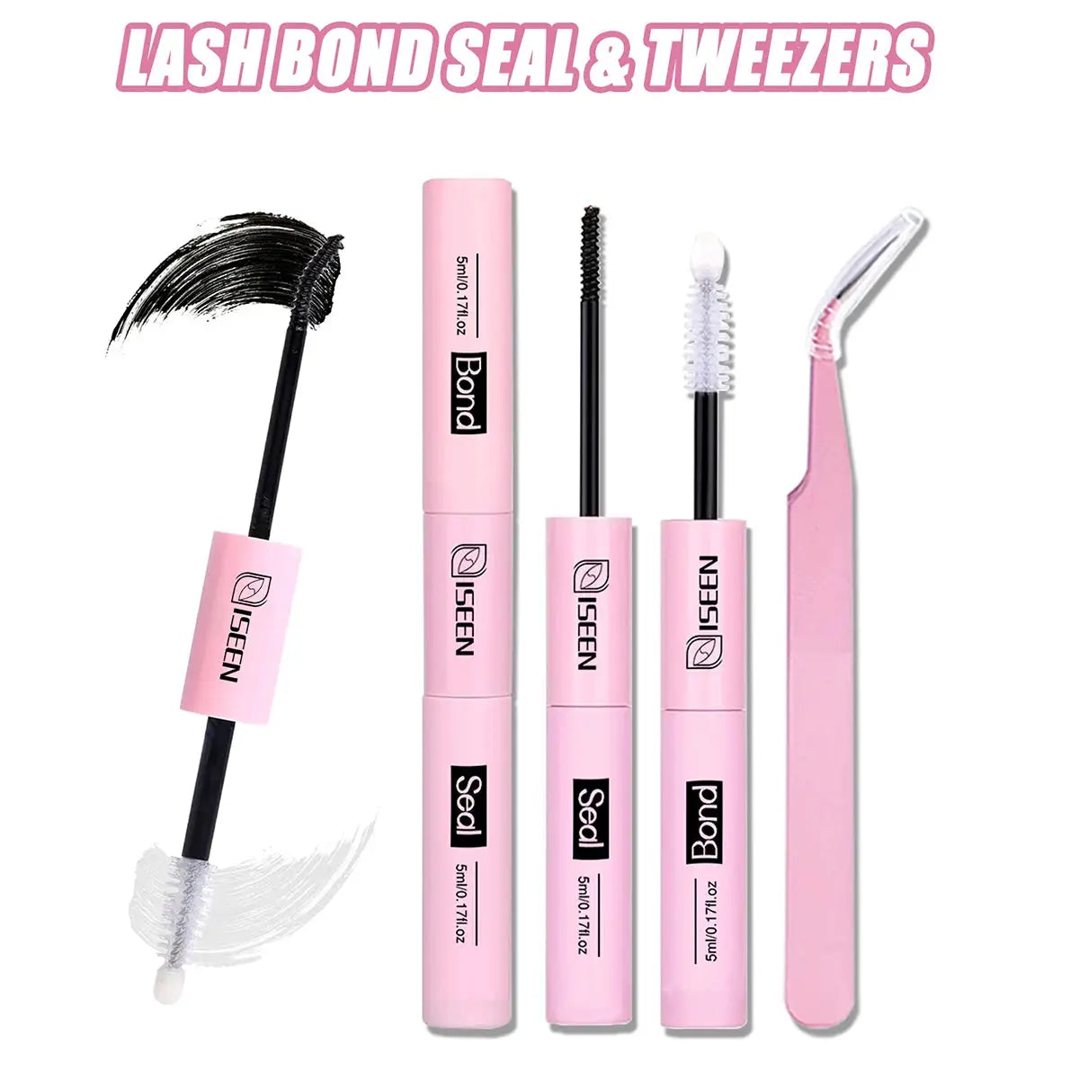 ISEEN Lash Bond Seal lash kit with three pink tubes, spoolie brush, and tweezers by Simples Market