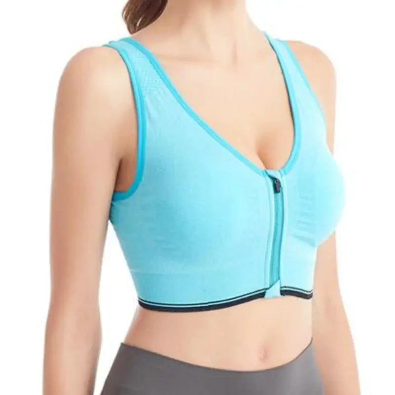 Running fitness sports bra with front zipper in turquoise blue, breathable seamless design