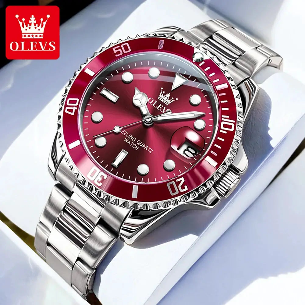 OLEVS men's wristwatch with stainless steel strap and burgundy dial with date window.