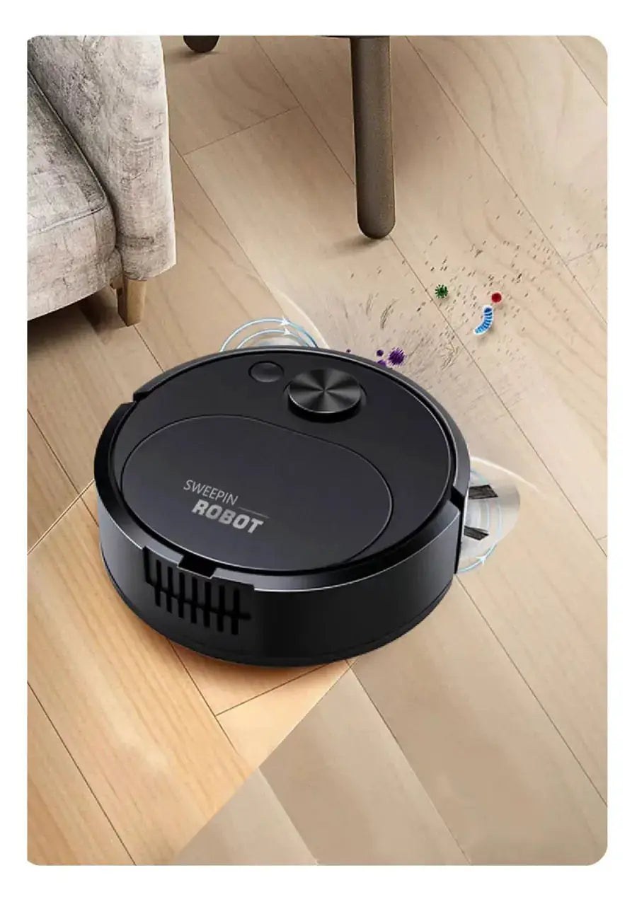 Robot vacuum SWEEPIN ROBOT, black circular unit on a wooden floor.