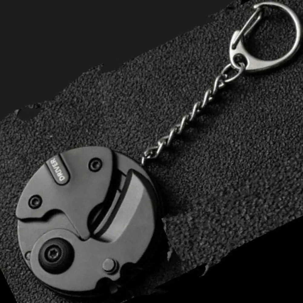 Simples Market multifunctional keychain screwdriver coin tool, compact black folding hexagon pocket knife with chain