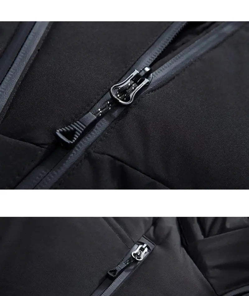 Down jacket close-up: black hooded outerwear with dual zippers and padded quilting.