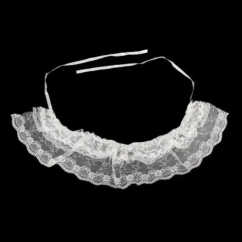 White lace layered choker collar with gauze ruffle trim and ribbon ties, accessory-style neckline vintage look.