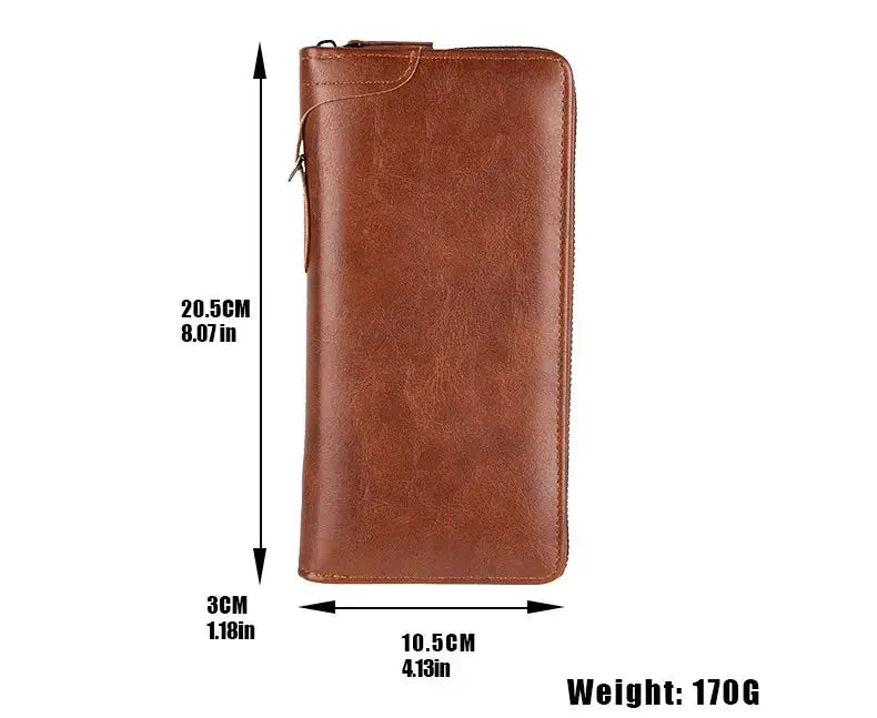 Men's brown PU leather long zipper wallet with zip closure; 20.5 cm tall, 10.5 cm wide, 3 cm thick