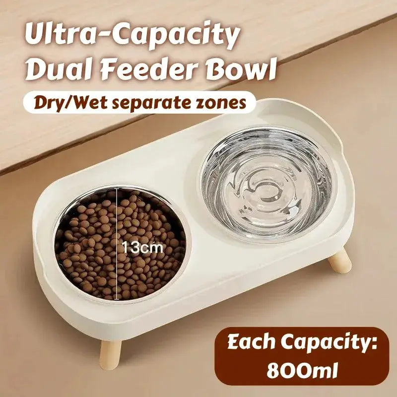 Dual stainless steel pet feeder with neck-support; white stand, two bowls, 800ml per bowl, Simples Market