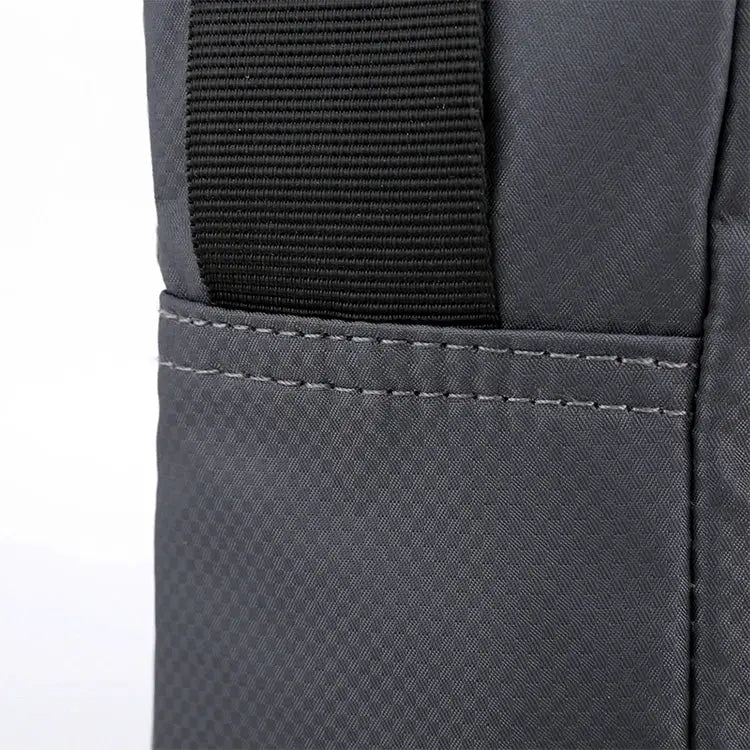 Simples Market men's crossbody bag, gray textured fabric with adjustable black strap.