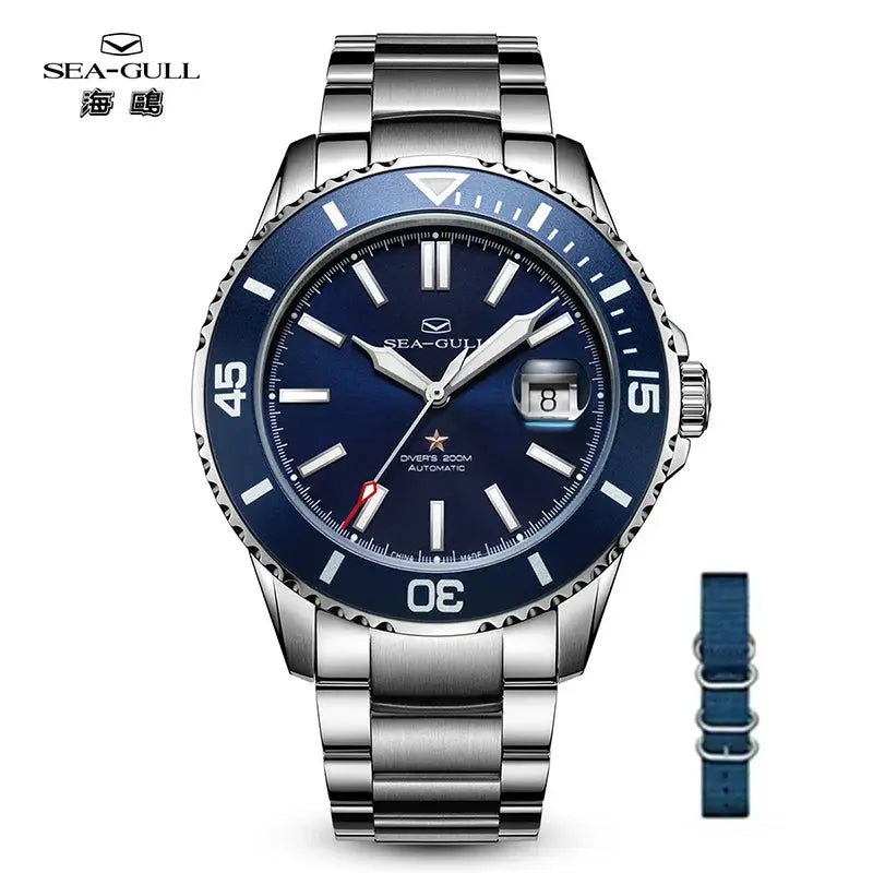 Sea-Gull men's diving watch with blue dial and steel bracelet; 200m water resistance; includes extra blue strap.