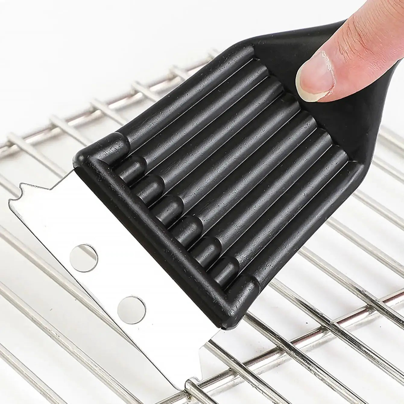 Two In One Stainless Steel Cleaning Brush With Wire Scrub And Integrated Blade For Grills Barbecue And Bakeware