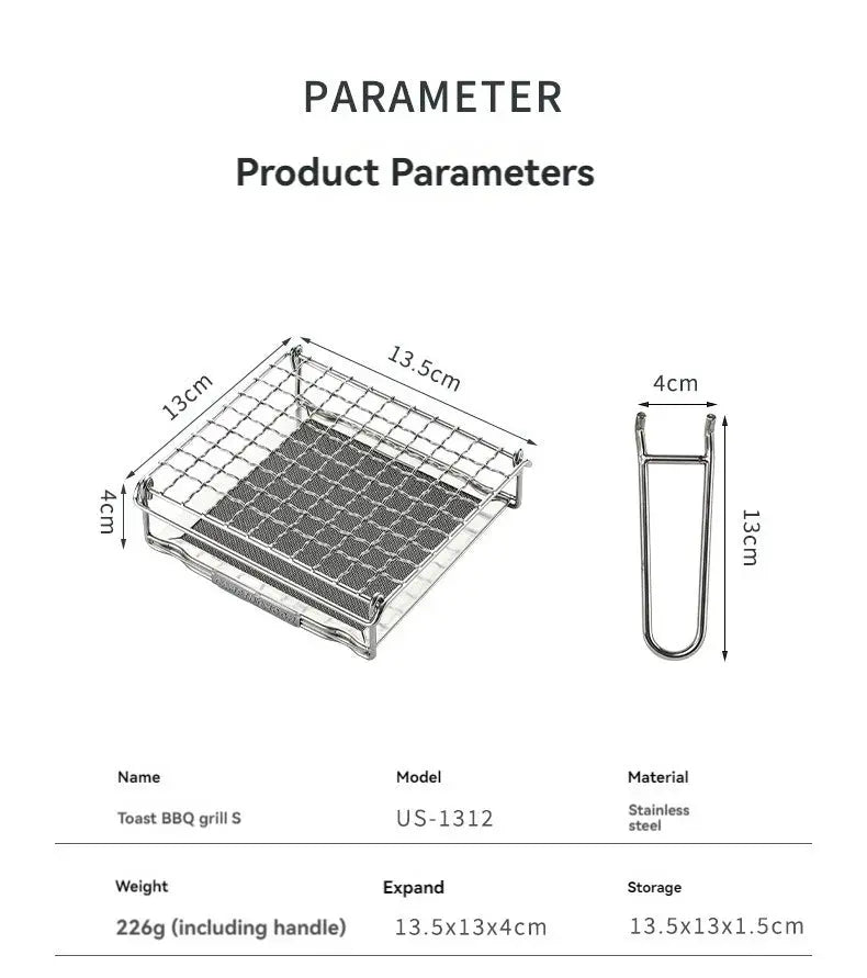 Folding stainless steel toast grill net for gas stoves; 304 stainless, compact 13.5x13x4 cm