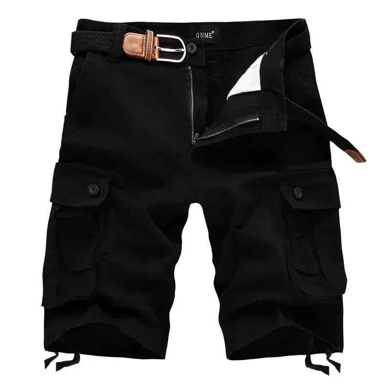Cargo shorts for men, black with brown belt and cargo pockets, Simples Market