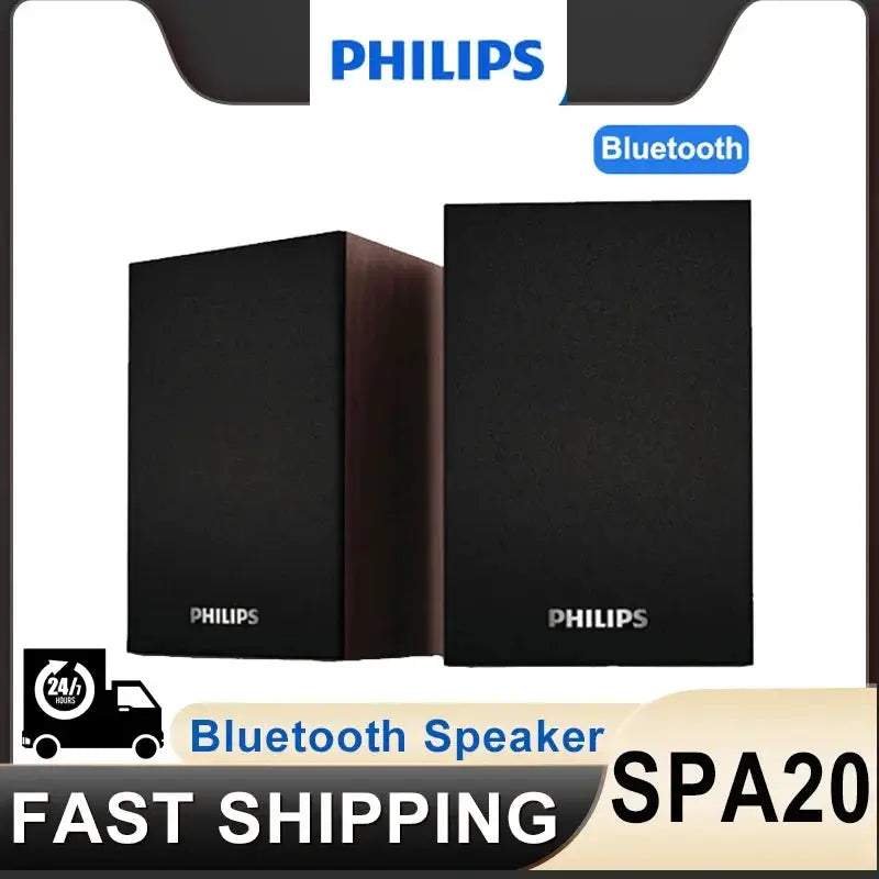 Two Philips SPA20 Bluetooth bookshelf speakers, black