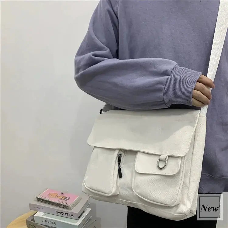 Women canvas messenger bag with flap and two front pockets, cream color, crossbody strap