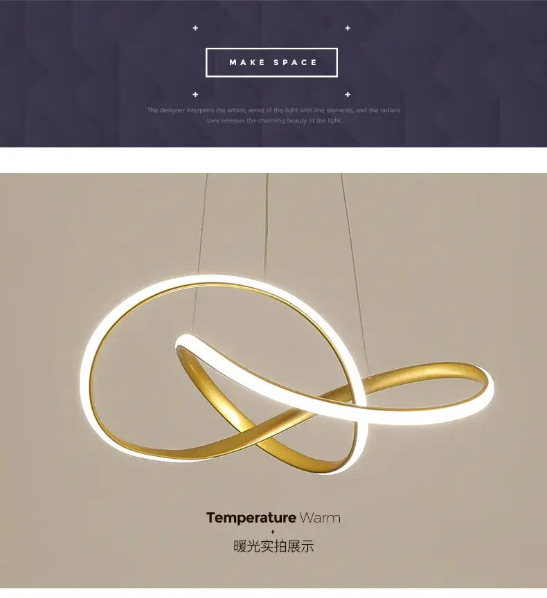 Dining room pendant lamp with intertwined gold loops and a white LED ring.