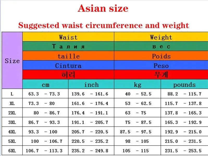 Simples Market men's cotton boxer shorts size chart with Asian sizes showing waist ranges from L to 6XL.