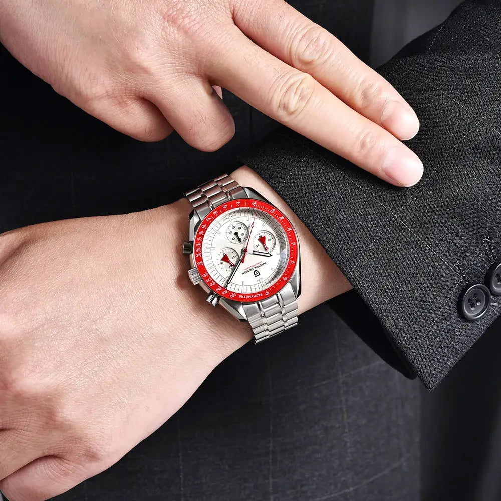PAGANI DESIGN men's stainless steel chronograph watch with white dial and red bezel.