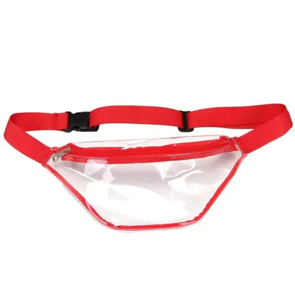 Waist pack with waterproof transparent PVC, red trim, and adjustable strap for swimming