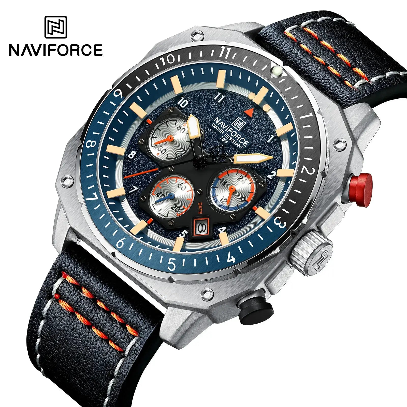 Naviforce sports multifunction waterproof men's watch with blue dial, leather strap and orange stitching