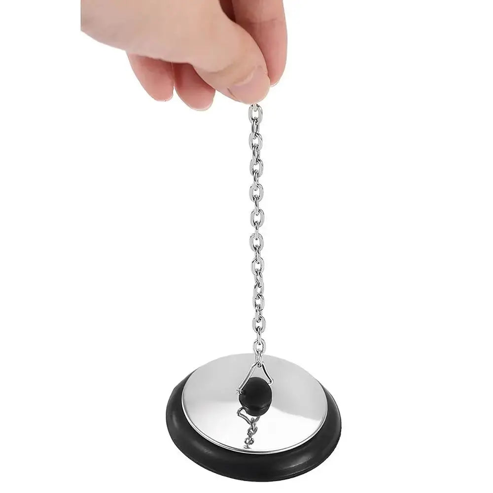 Tub stopper with chain and hanging ring; rubber seal and metal disc for universal bath drain