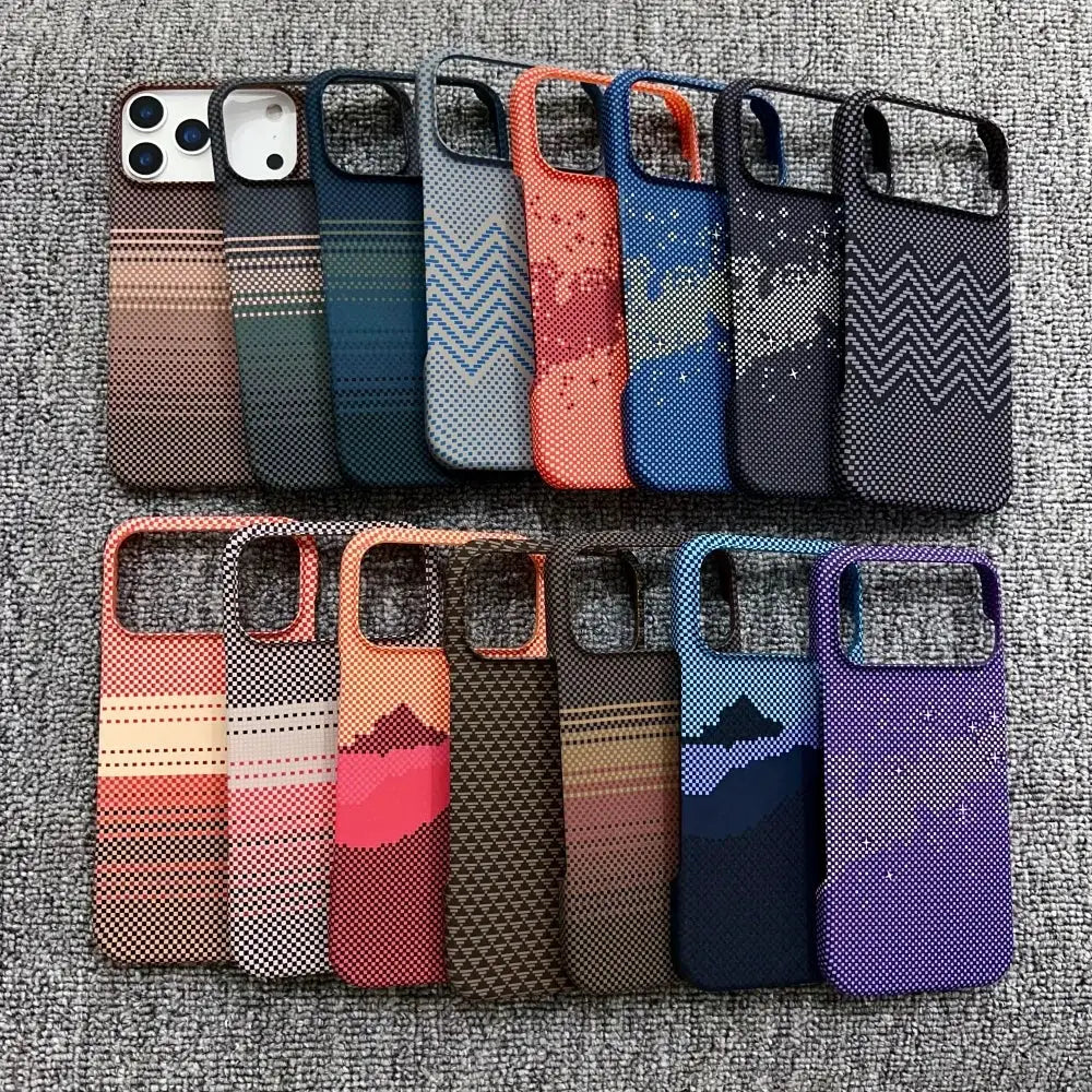 Frameless carbon fiber Kevlar MagSafe iPhone case collection; 16 PC-textured, colorful covers.
