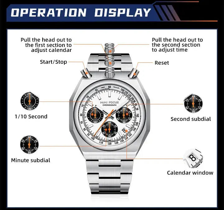 MINI FOCUS chronograph men's watch with stainless steel strap and calendar window