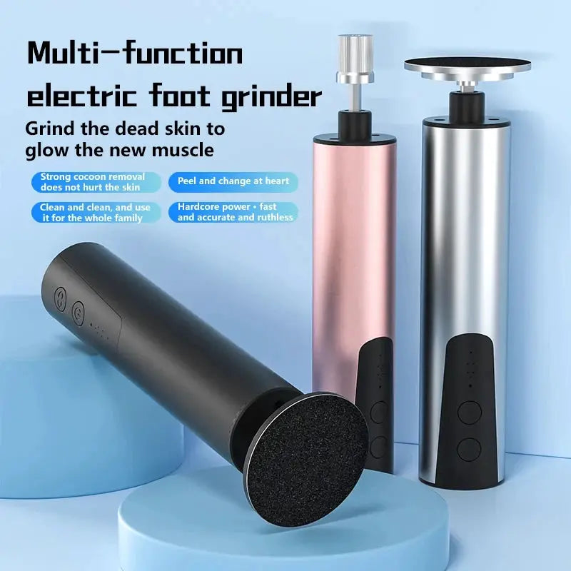 Simples Market electric foot grinder set with replaceable sanding discs and handheld unit, black handheld and pink/silver towers