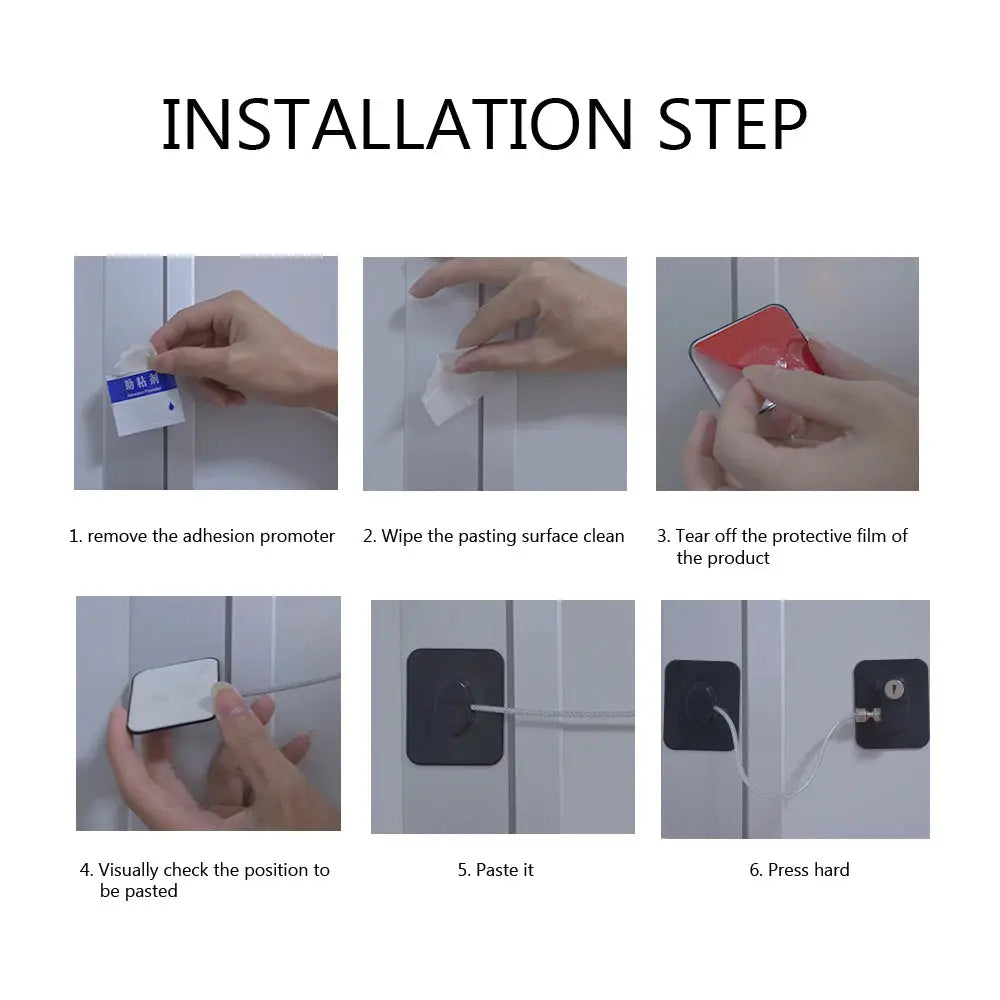 Baby child safety lock with white adhesive pad and steel cable for doors and windows by Simples Market
